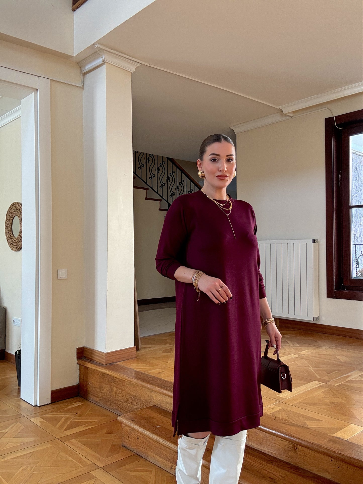 Uzun kol basic elbise Mürdüm