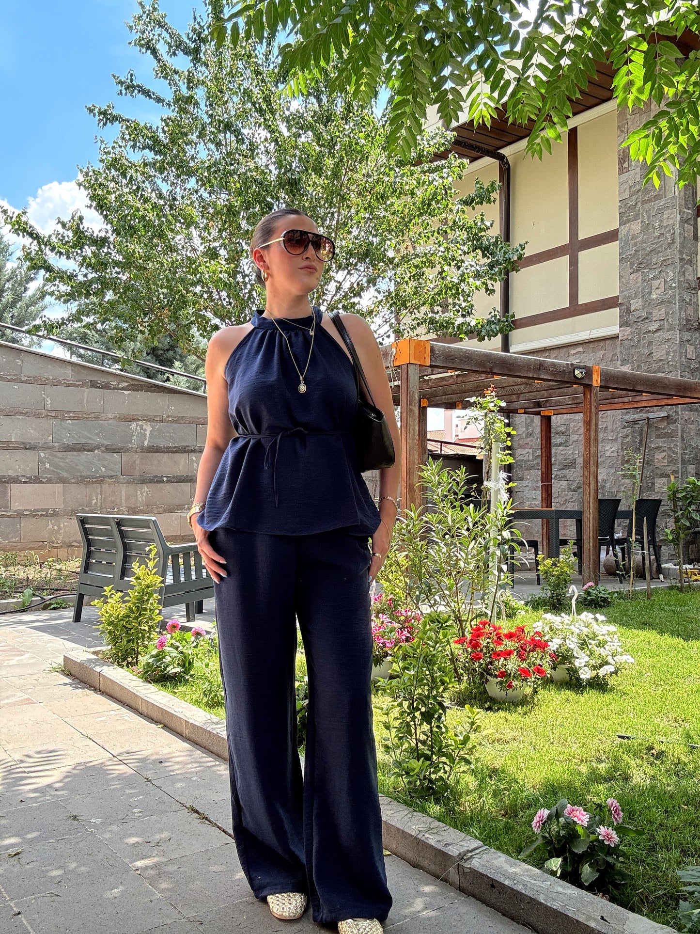Boyun detaylı keten takım Lacivert