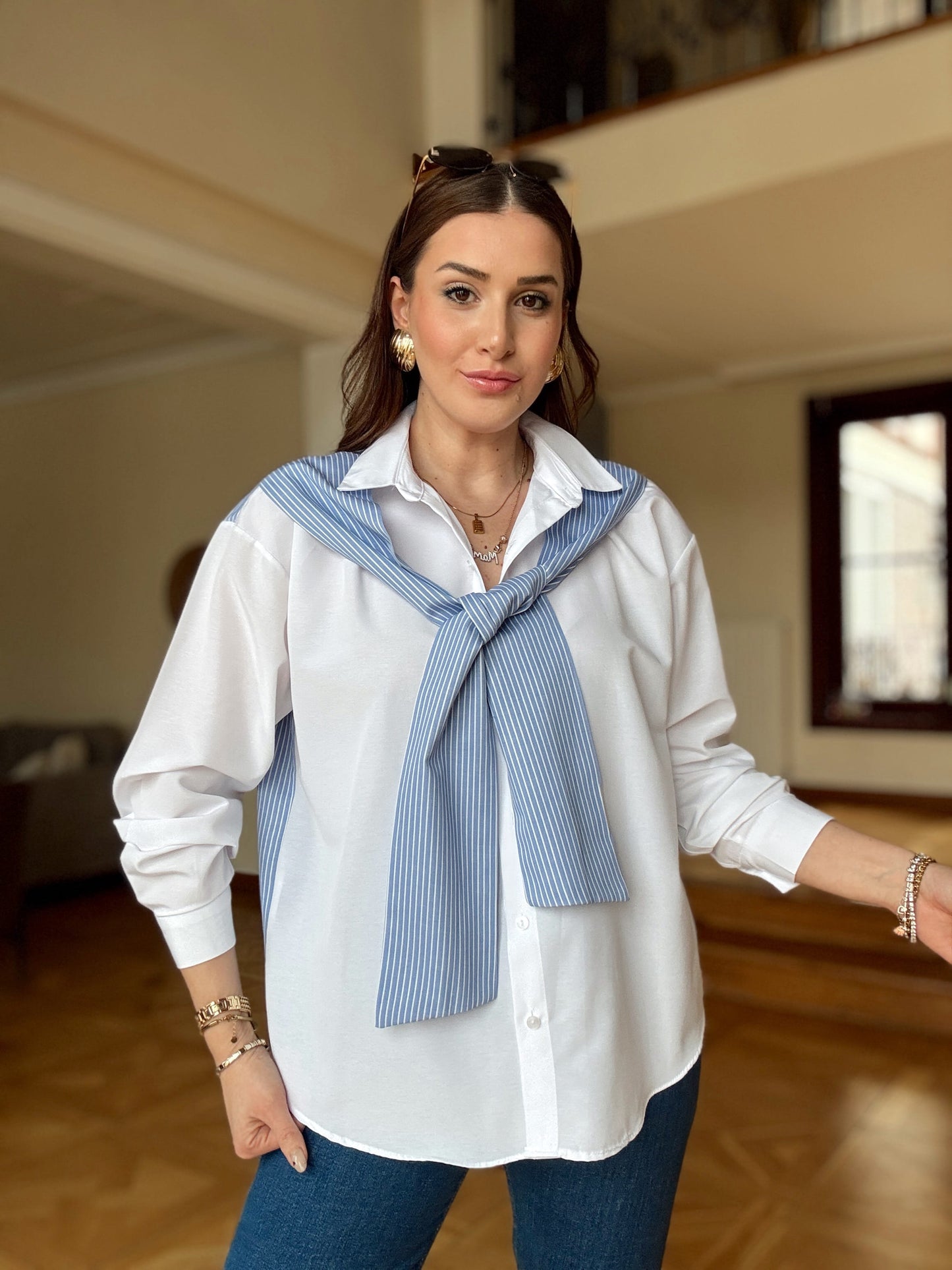 Omuz Akseuarlı Garnili Gömlek-AÇIK MAVİ