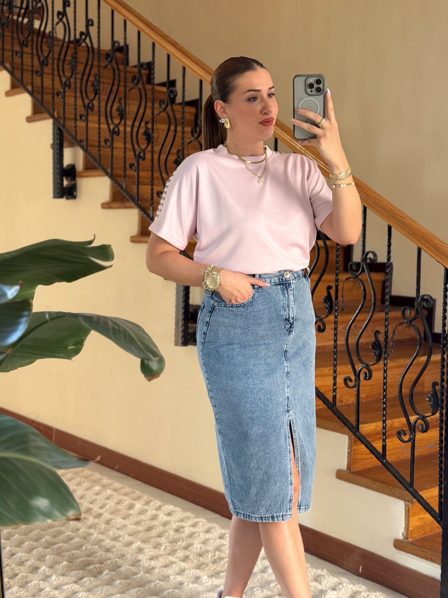 Omuz taşlı modal tişört PEMBE