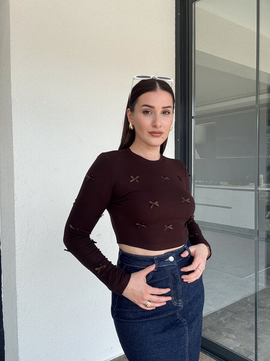 Fiyonklu Crop Bluz KAHVE