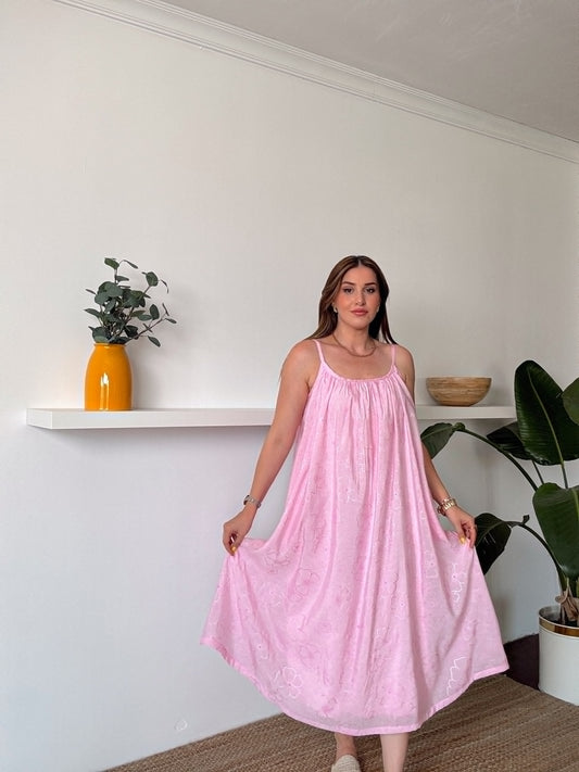 Askılı Astarlı Premium kumaş salaş elbise Pembe