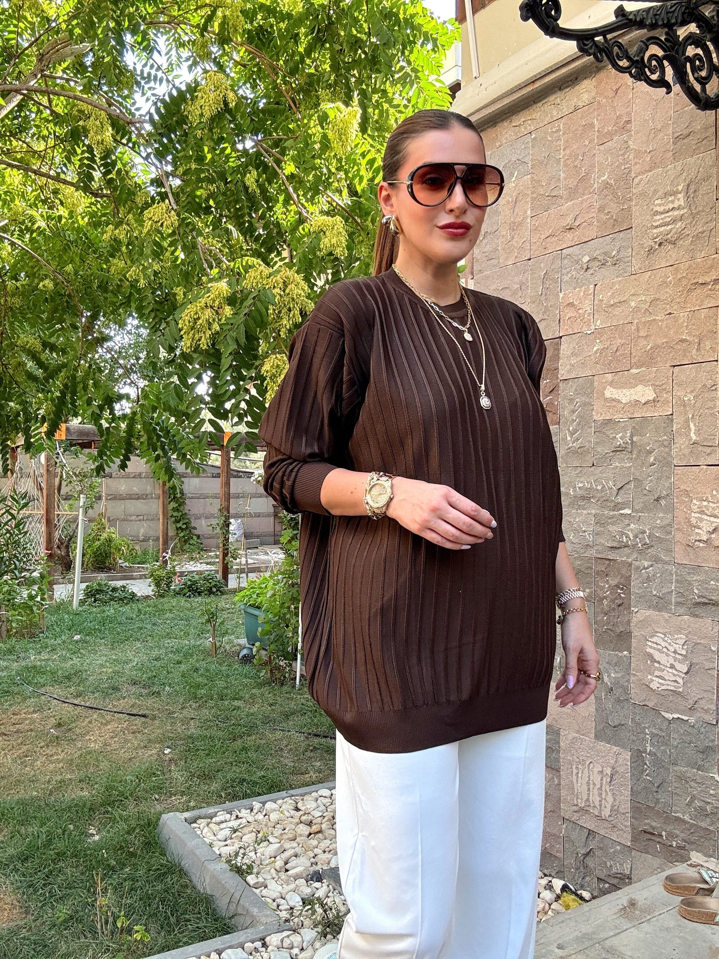 Şerit detaylı oversize premium kazak Kahve
