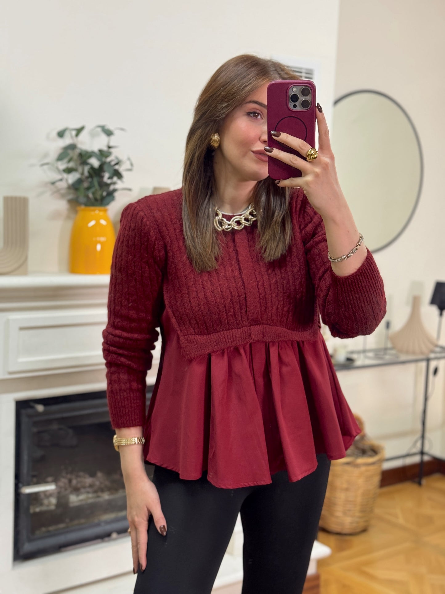 Poplin gömlek garnili triko kazak -BORDO