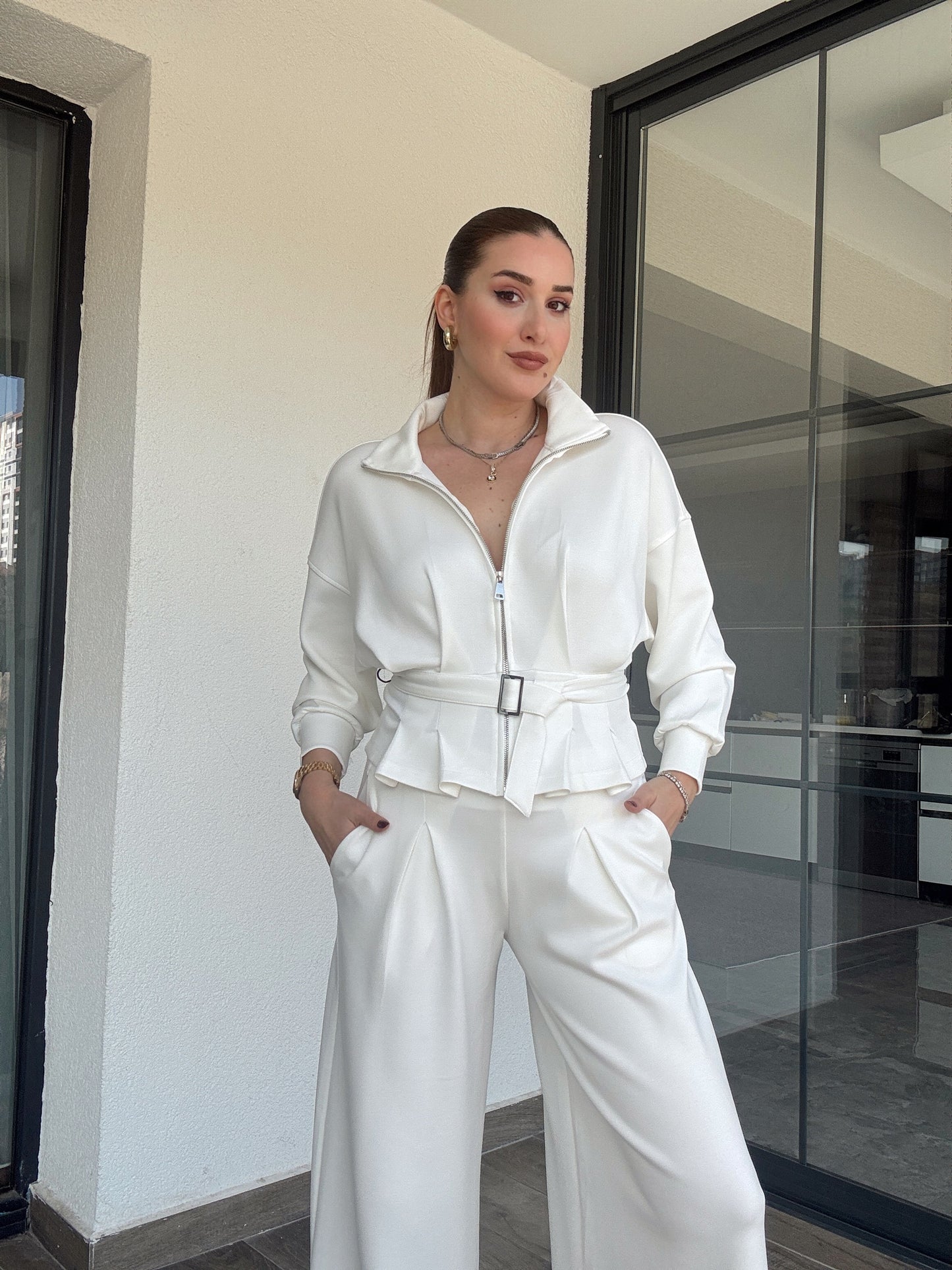 Modal kumaş dik yaka etek pileli ceket pantolon takım-BEYAZ