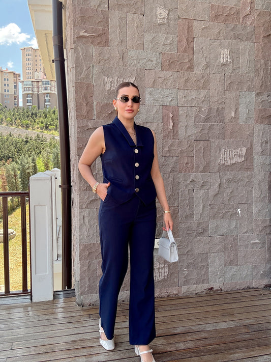 Elisa düğmeli yelekli takım LACİVERT