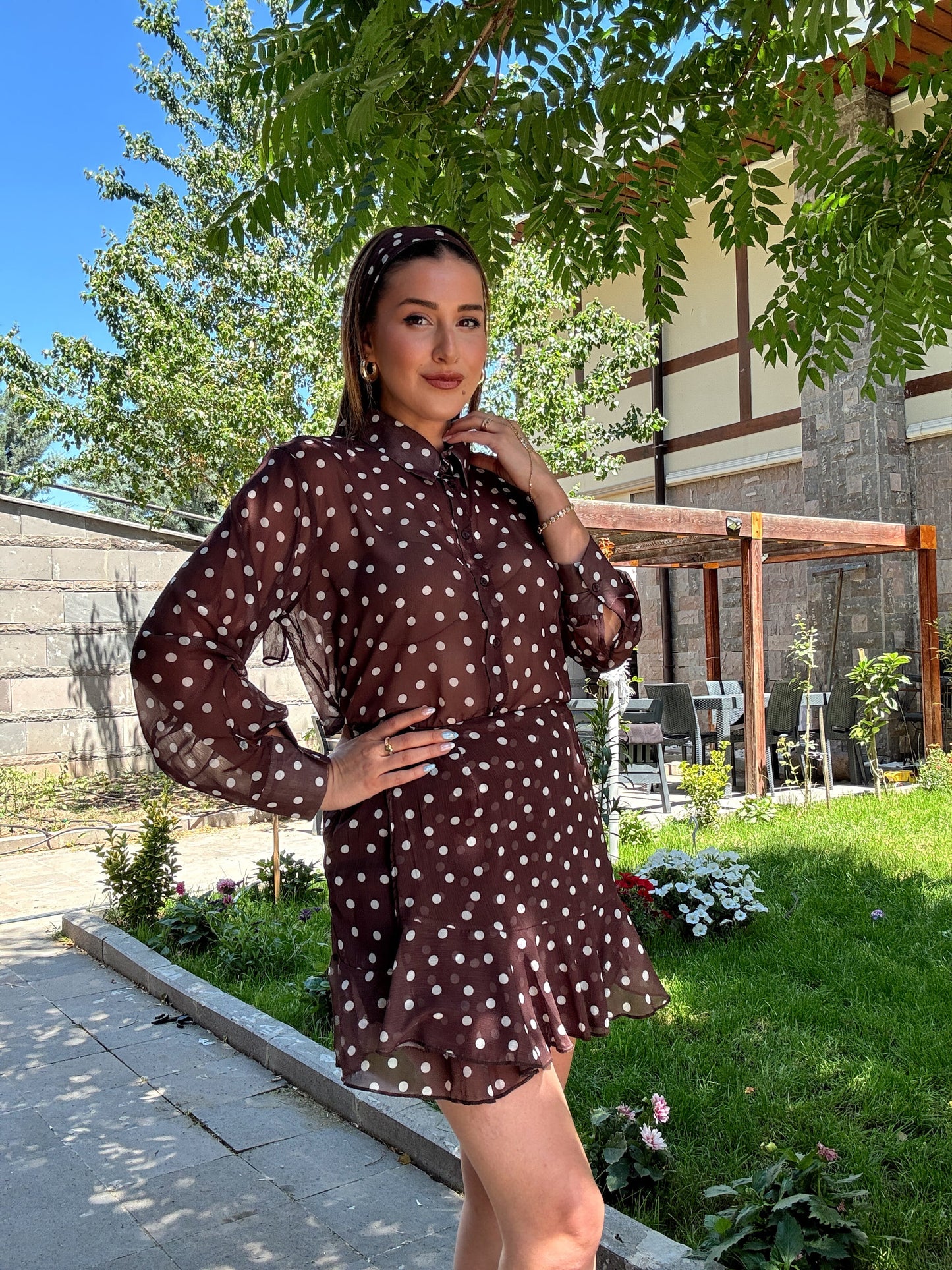 Puantiye desenli fularlı takım Kahve