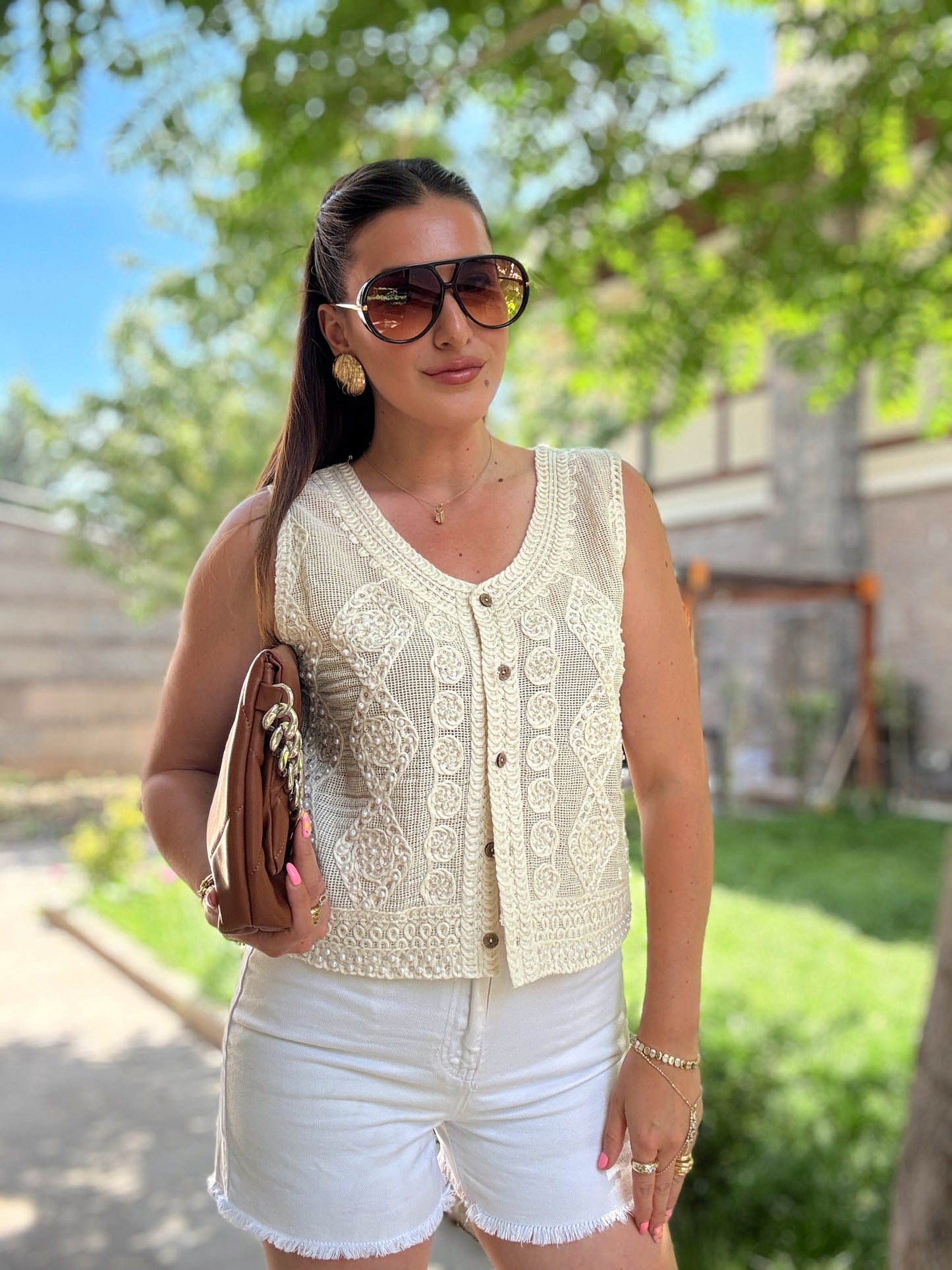 Taş işleme örgü yelek Bej
