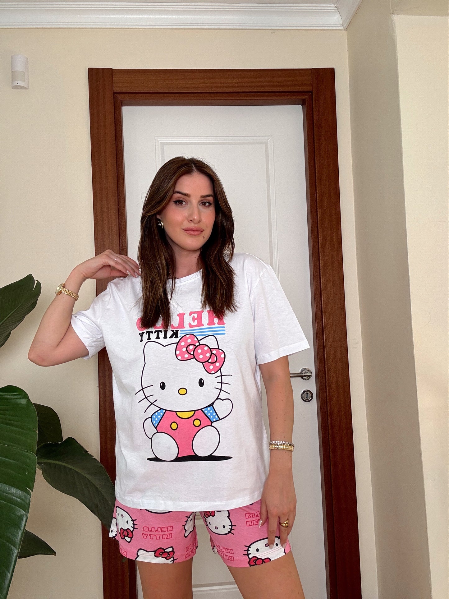 Hello Kitty Baskılı Pijama Takımı Beyaz