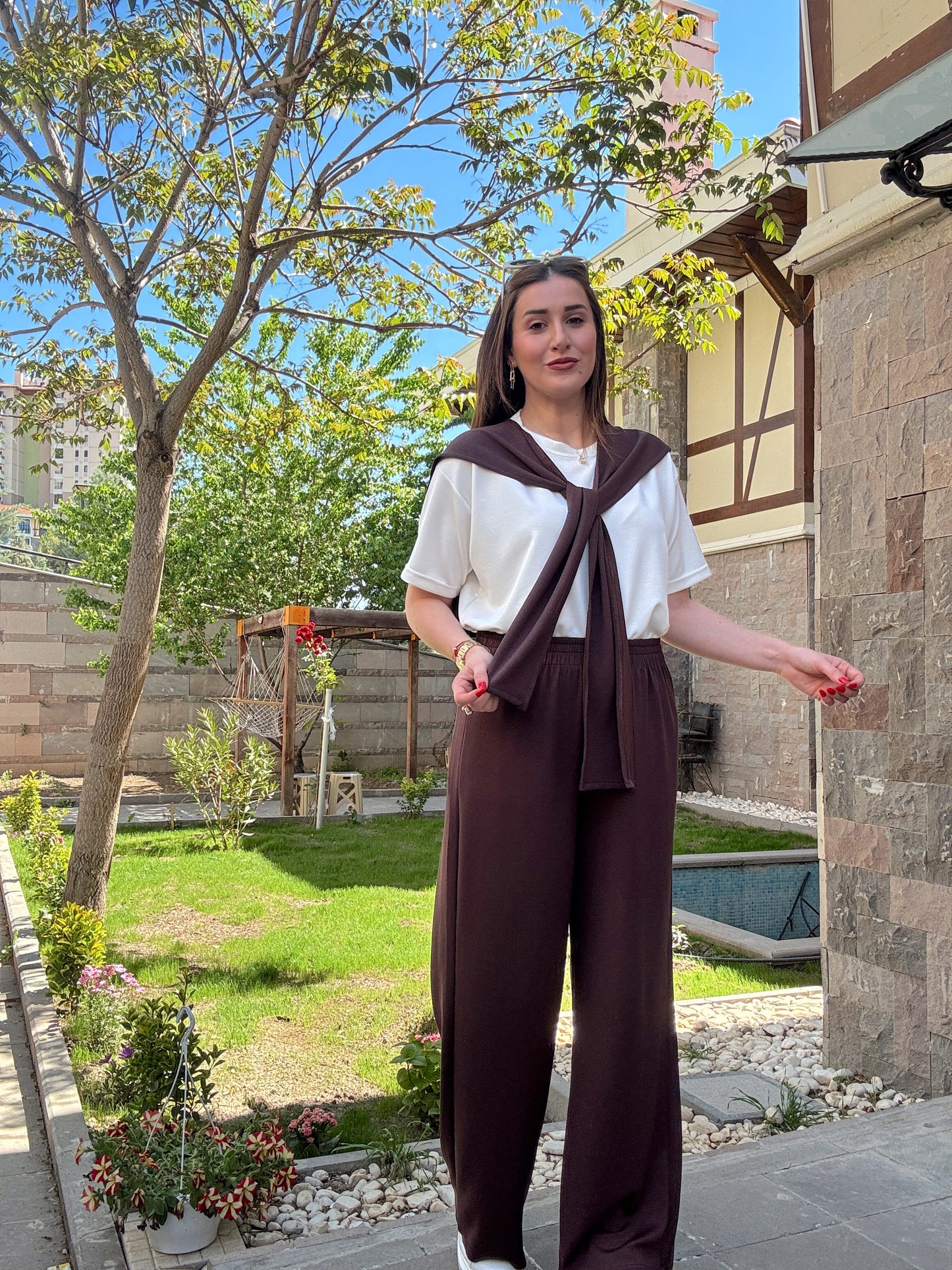 3 Parça Bağlama detaylı Takım Kahve