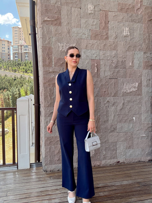 Elisa düğmeli yelekli takım LACİVERT