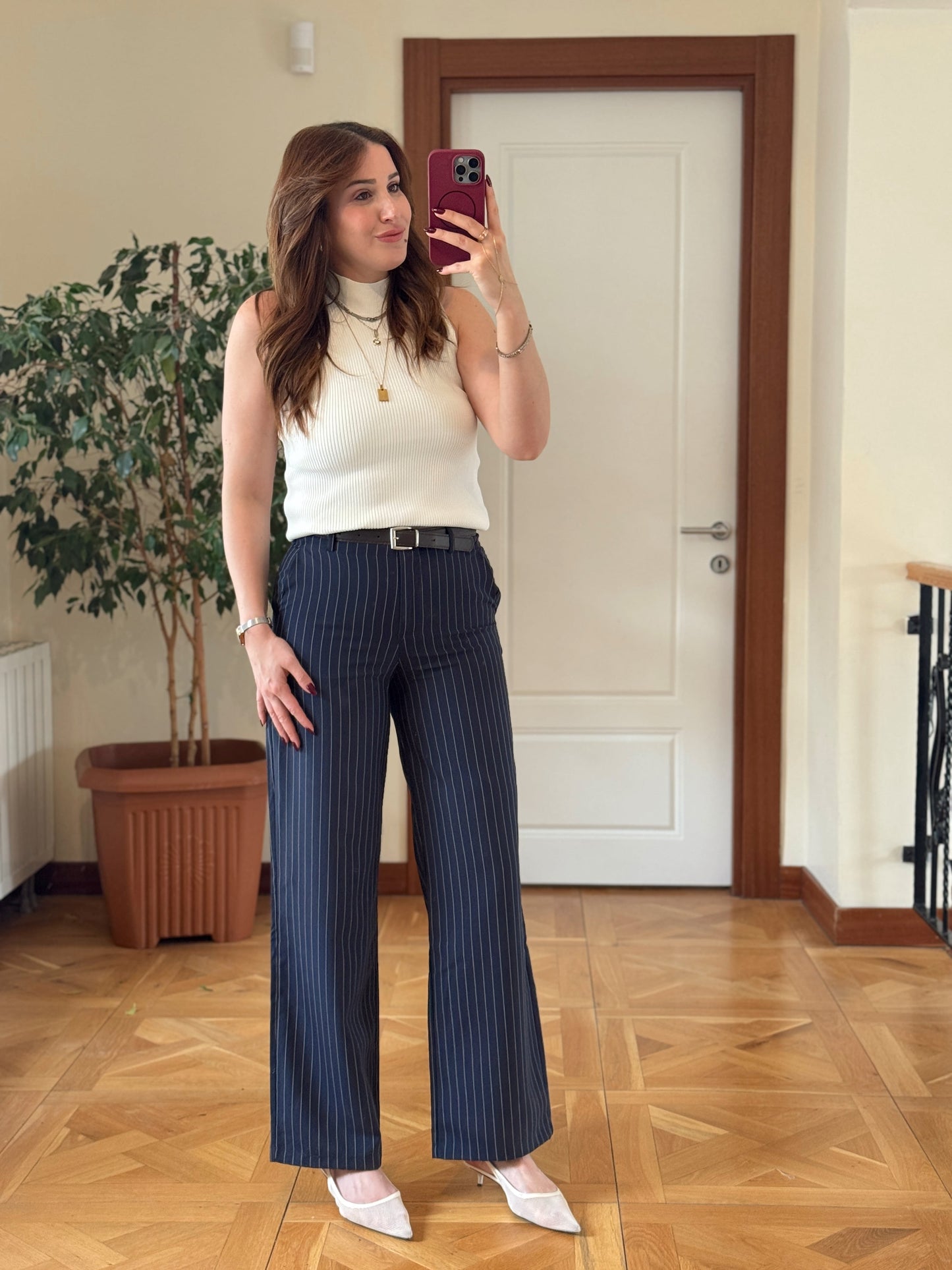 Çizgili kemerli pantolon-LACİVERT