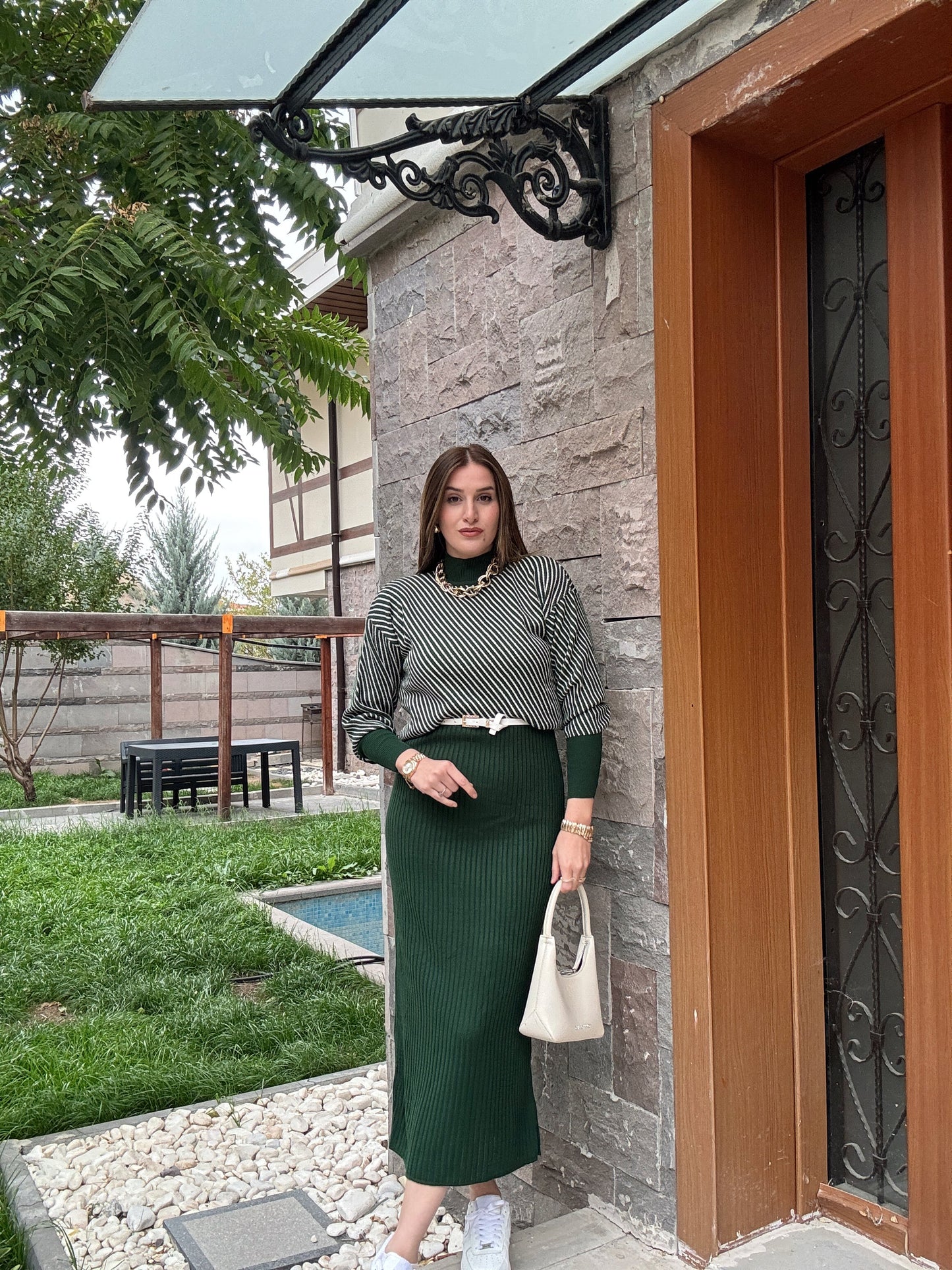 Yatay Çizgili Pikeli Jileli Takım - YEŞİL