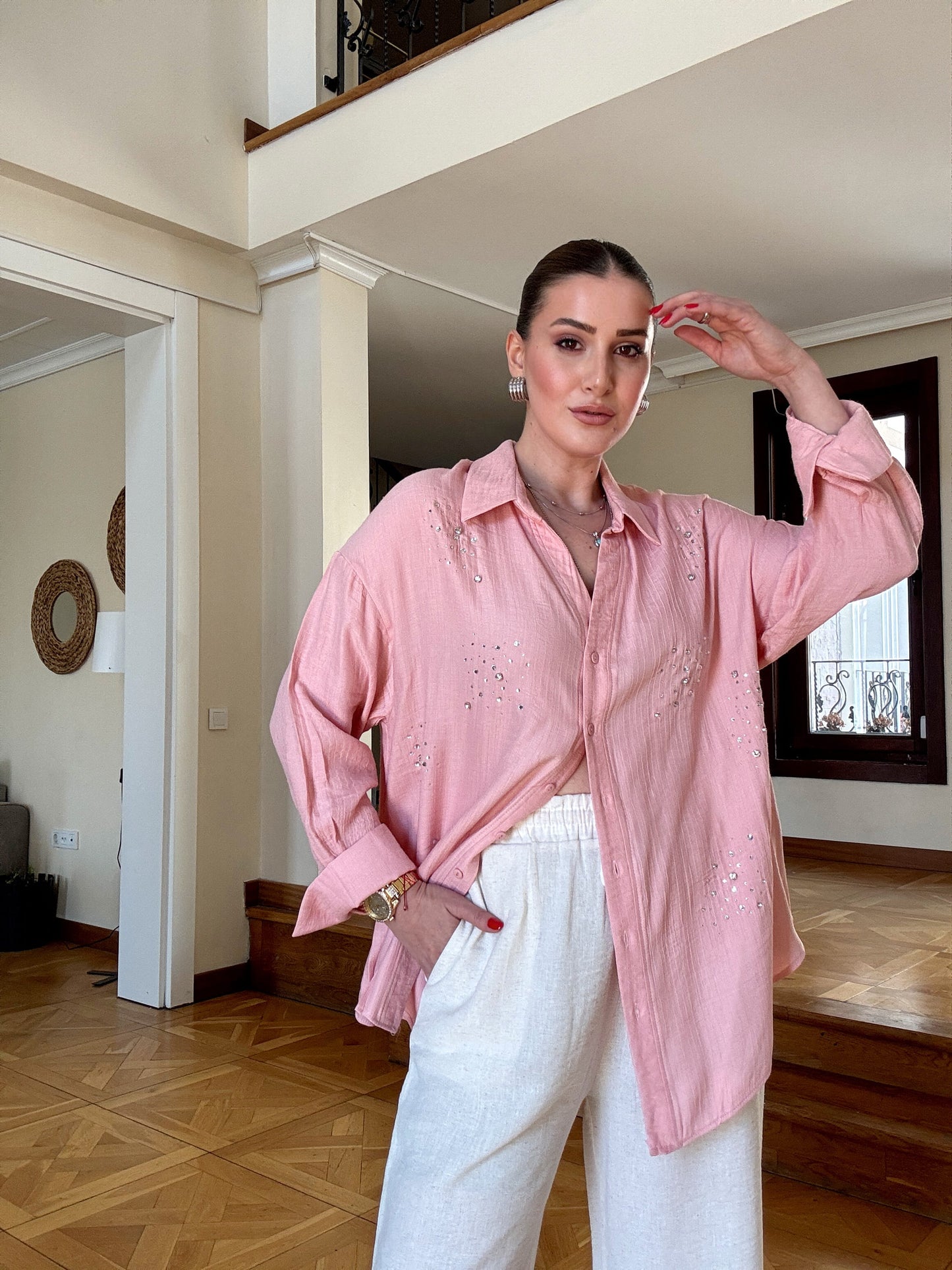 Keten kumaş taşlı oversize gömlek PUDRA