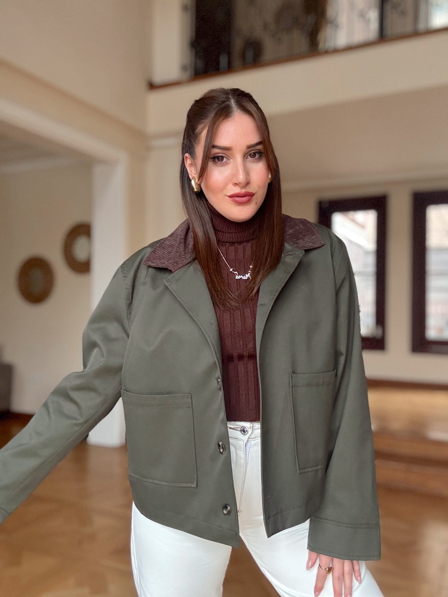 Garnili kısa trench Yeşil
