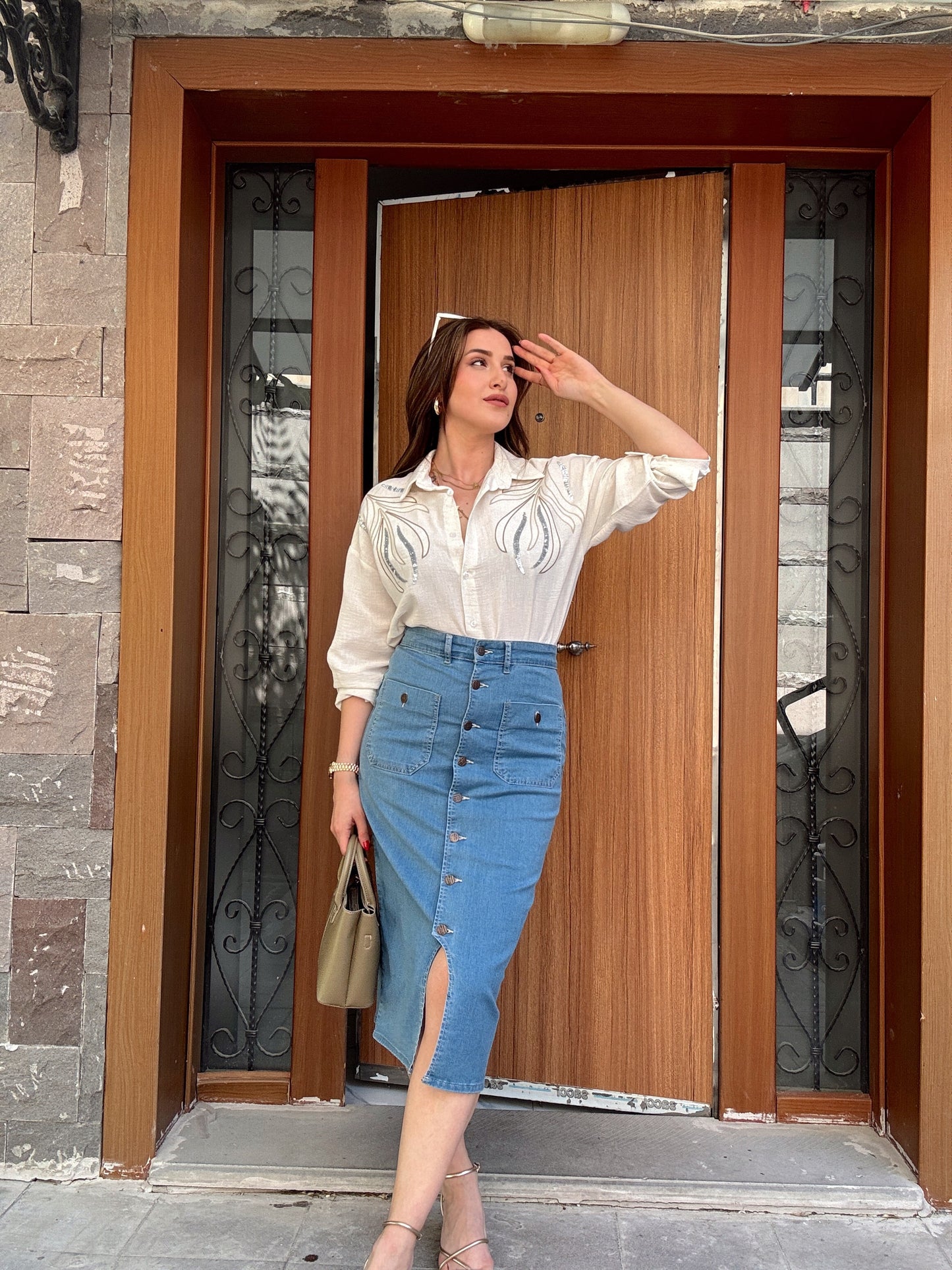 Düğme detaylı kot etek-MAVİ