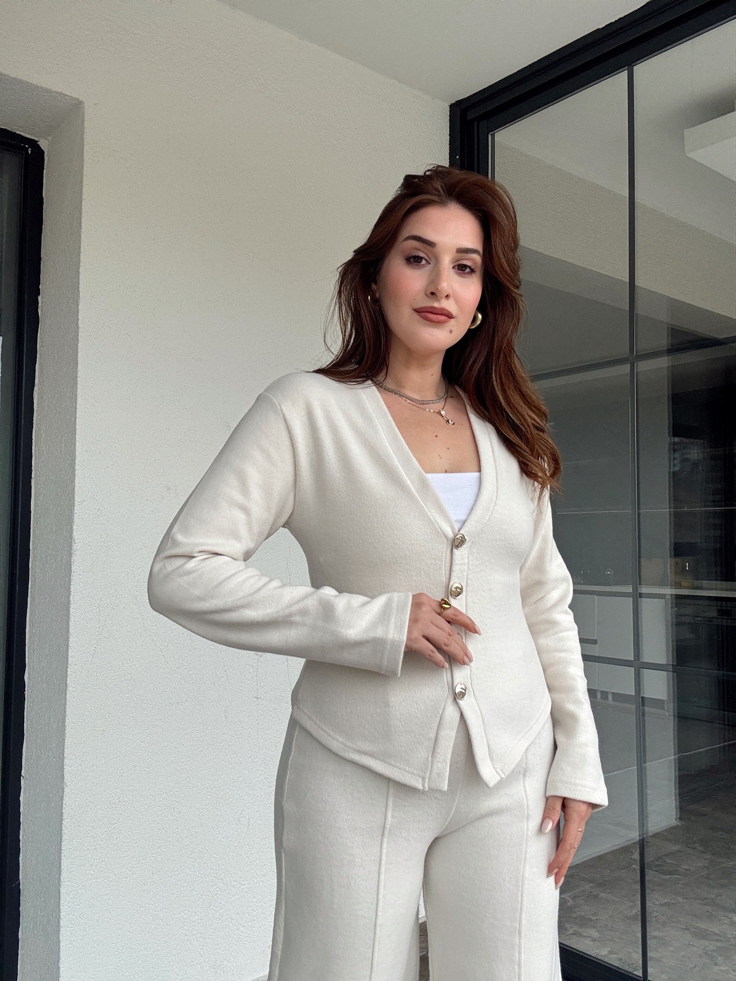 Selanik önü düğmeli ceket çimalı pantolon takım-BEJ