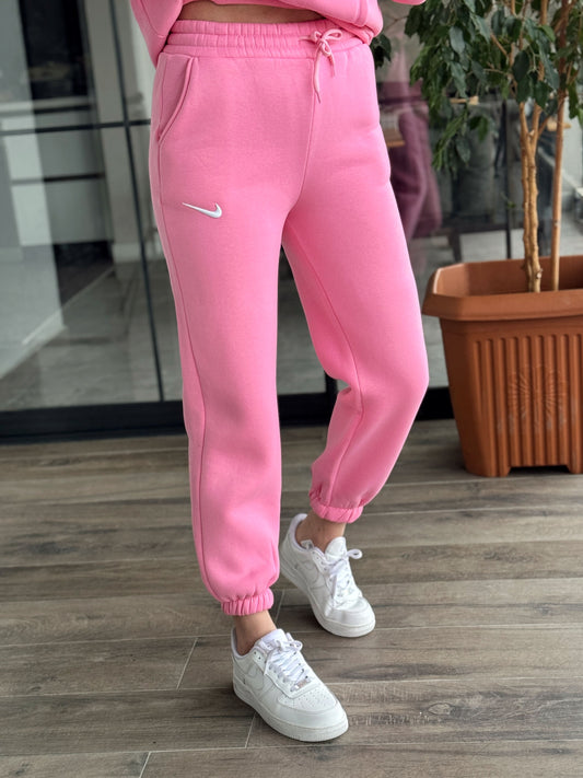NK İşleme Paça Lastikli 3 İplik Şardonlu Eşofman Alt - TOZ PEMBE