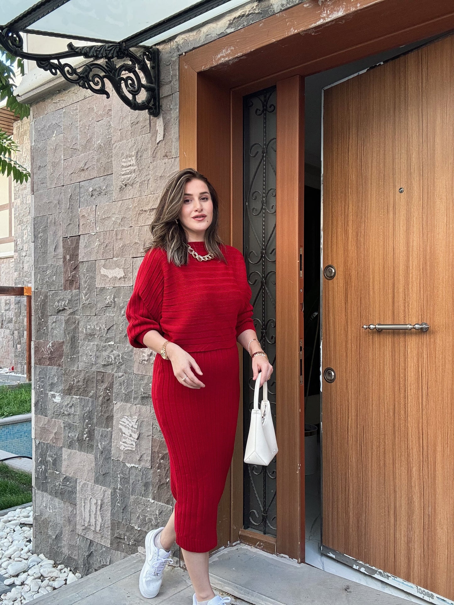 Fitilli Elbiseli Bluz Takım KIRMIZI