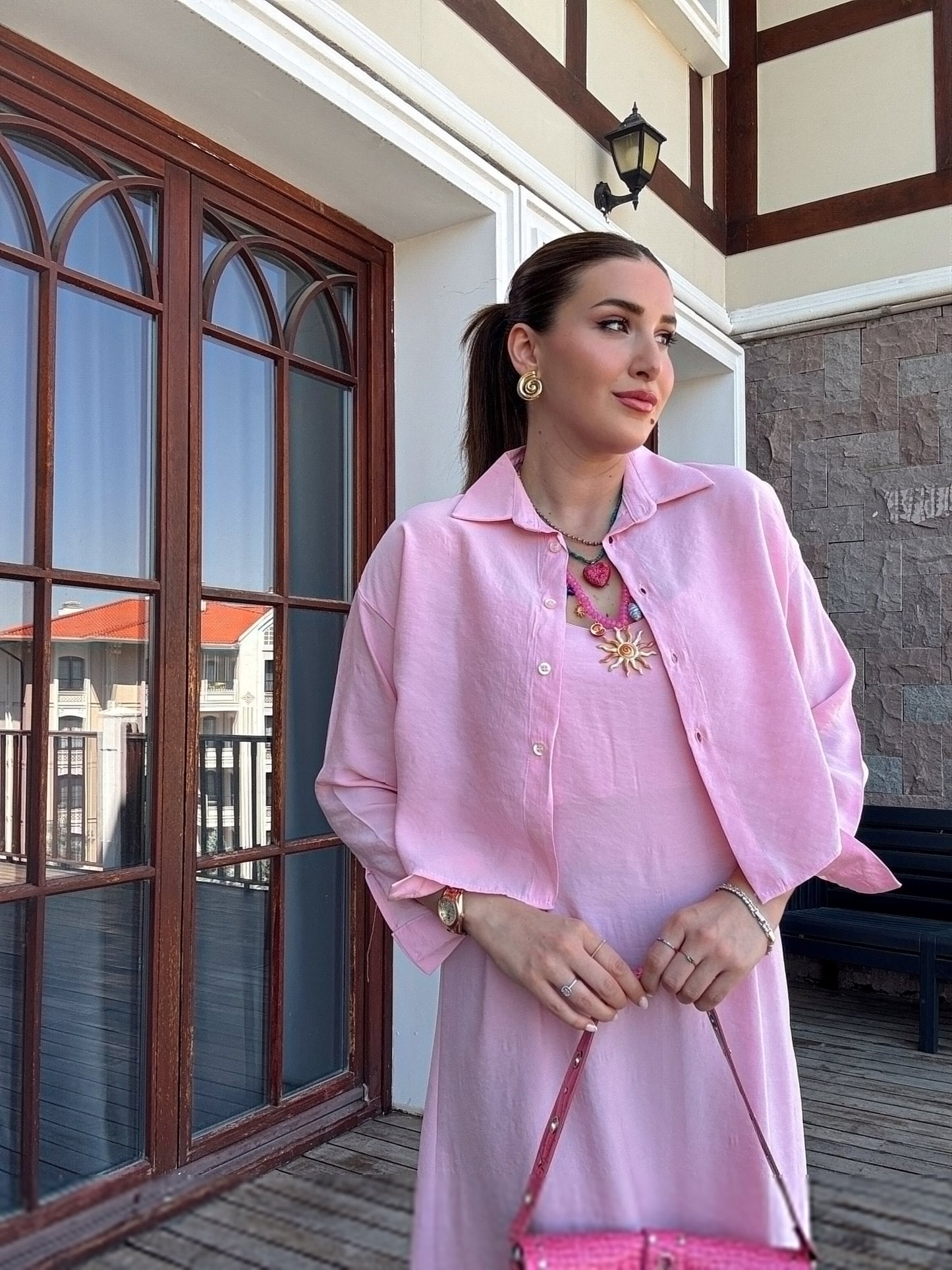LİZBON gömlek elbiseli ikili takım PEMBE