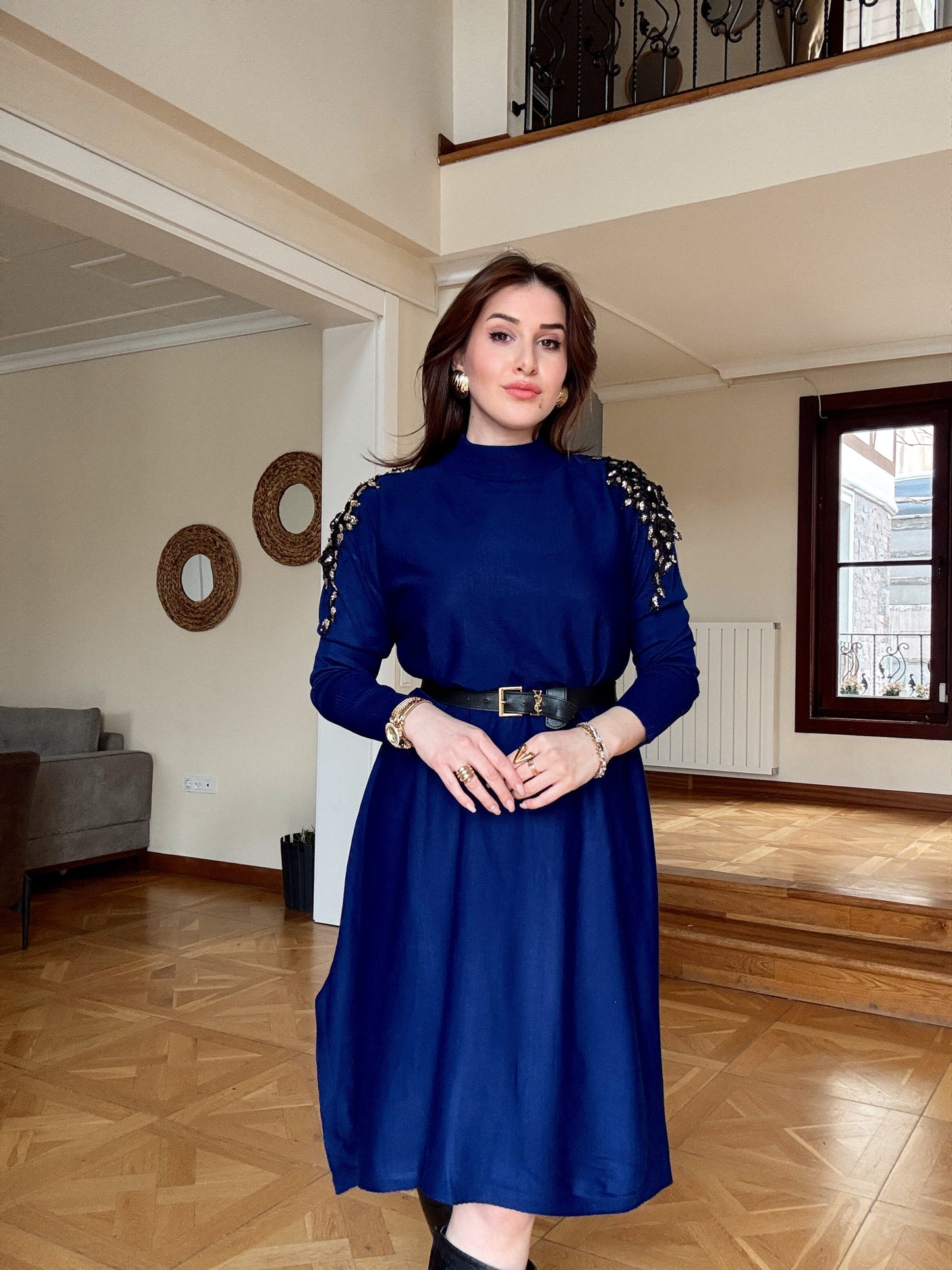 Omuz aksesuarlı tunik elbise -SAKS MAVİ