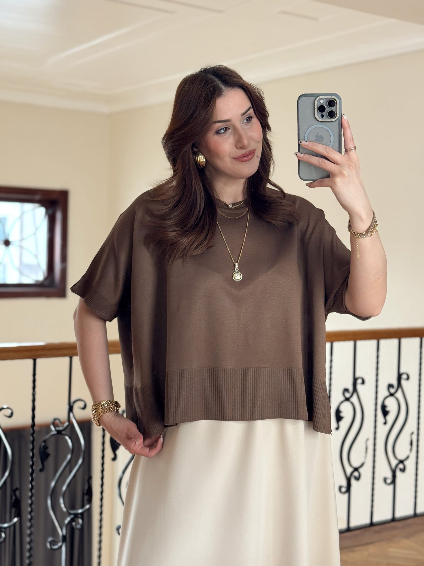 Kısa Kollu Oversize Triko Kazak-KAHVERENGİ