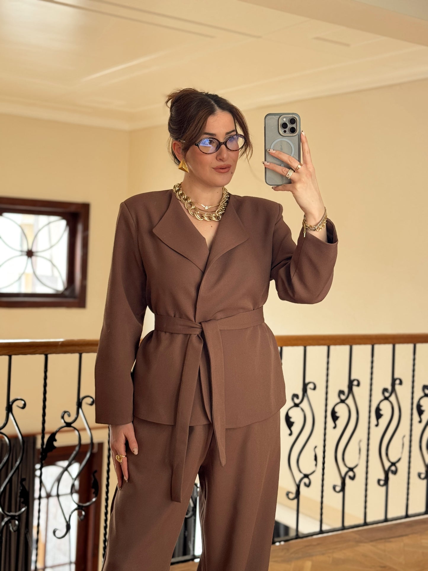 Ceket Kuşaklı Şalvar Takım-KAHVERENGİ