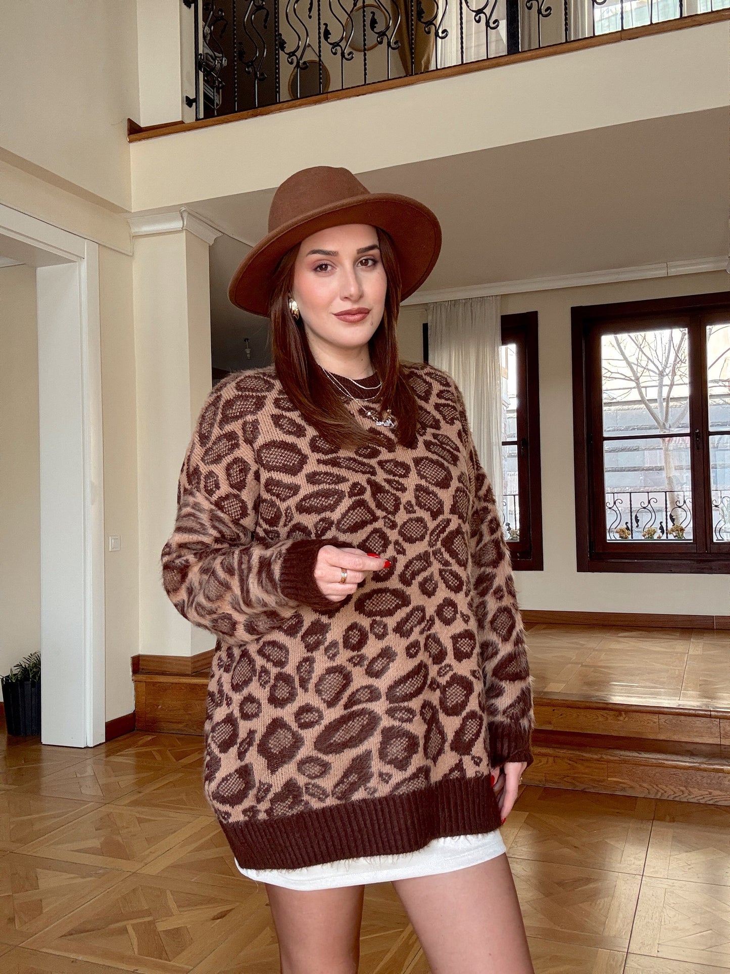 Leopar desen salaş kazak-KAHVERENGİ