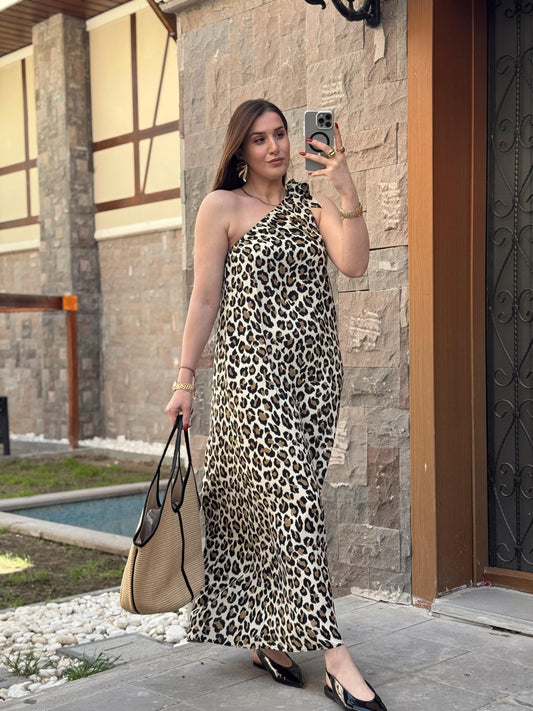 Tek omuz detay leopar desen elbise BEJ