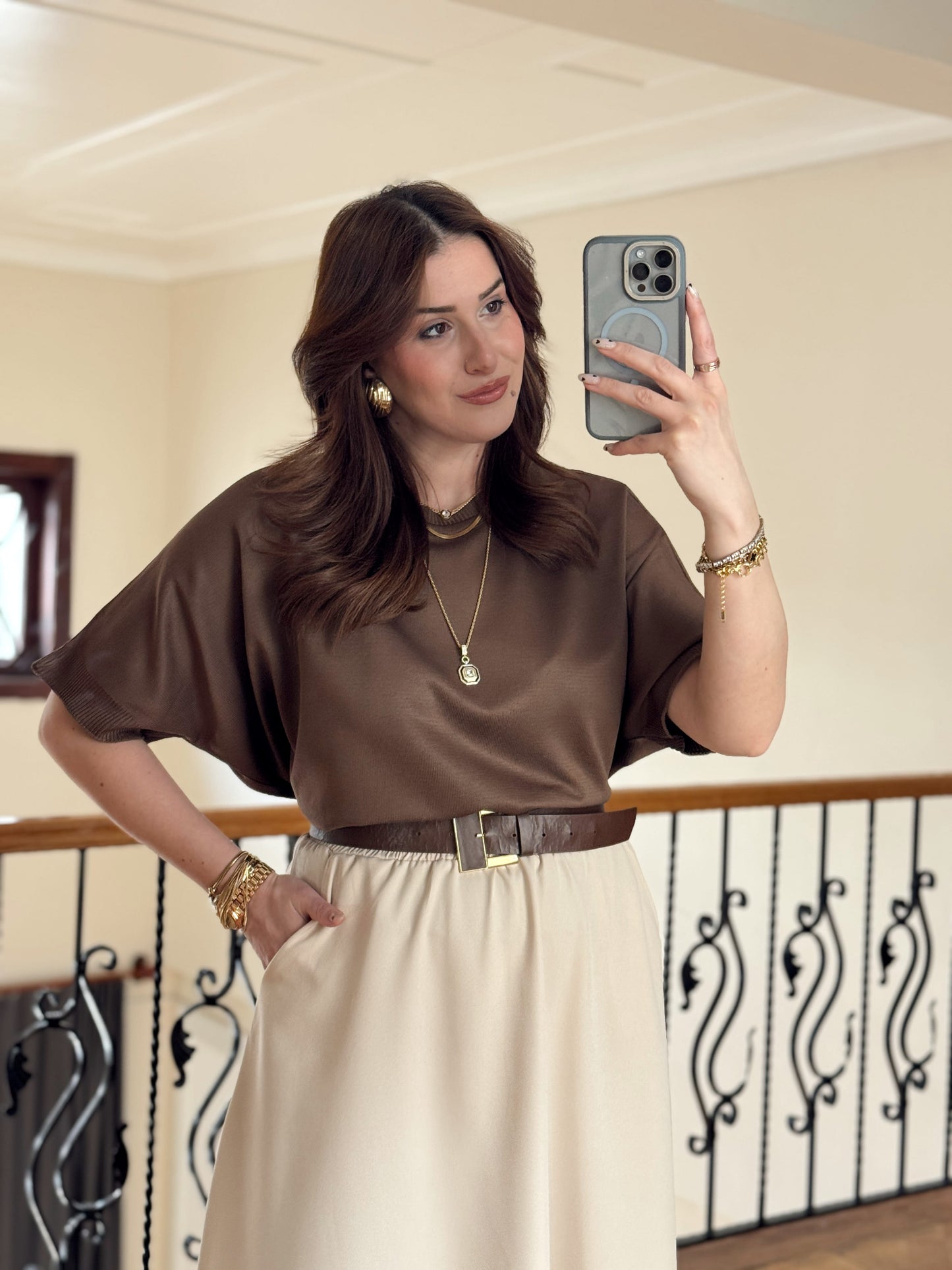 Kısa Kollu Oversize Triko Kazak-KAHVERENGİ