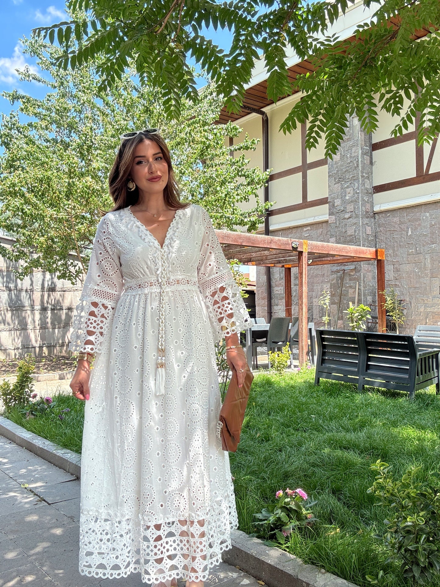 Örgü püskül detay Premium elbise Ekru
