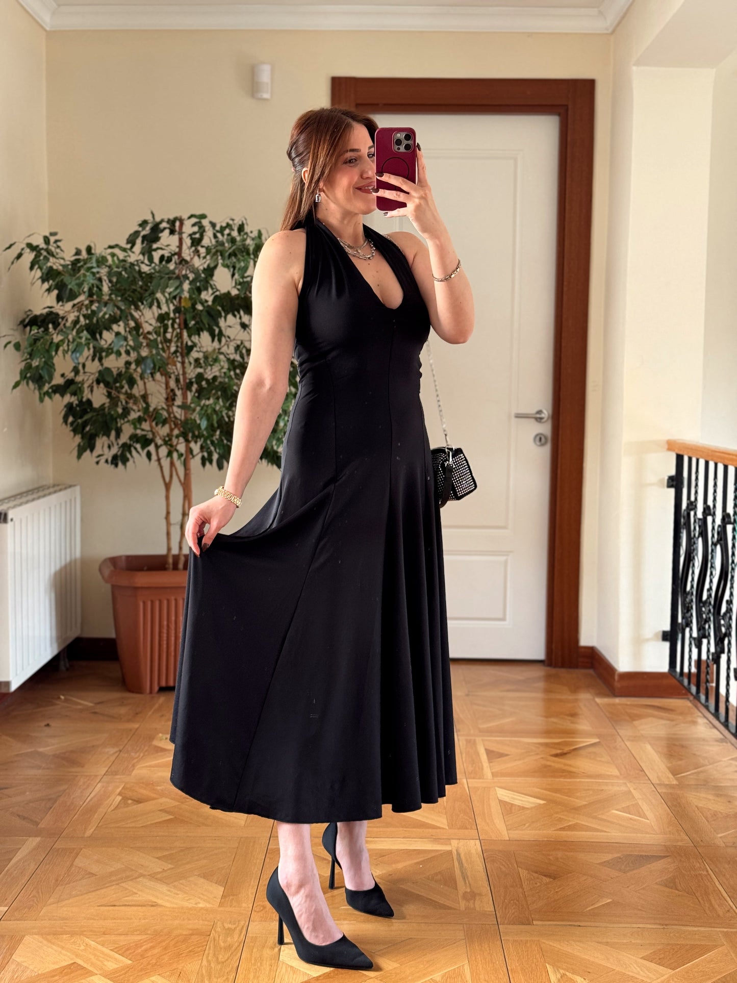 Dalgıç kumaş boyun geçme elbise-SİYAH