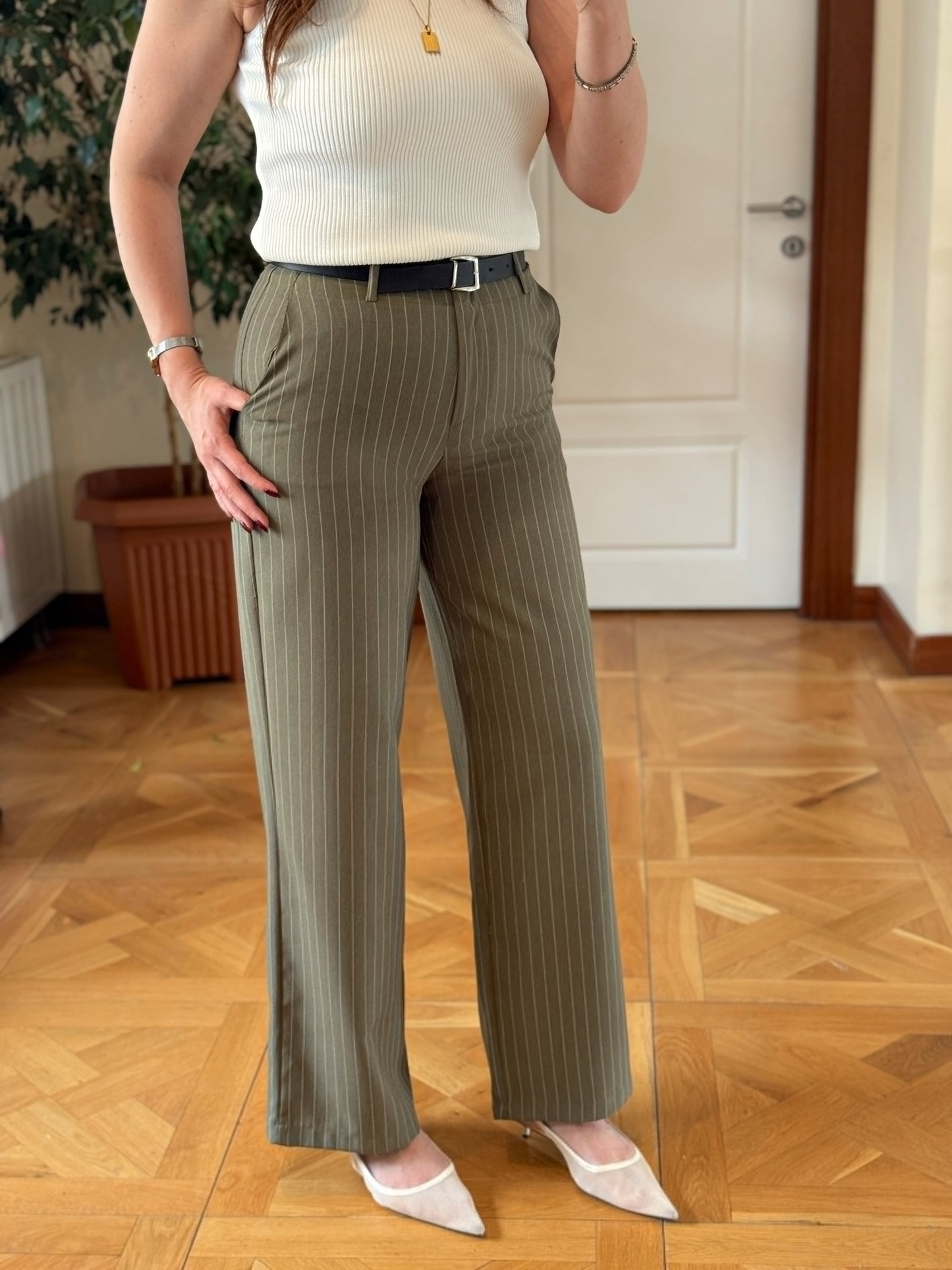 Çizgili kemerli pantolon-HAKİ