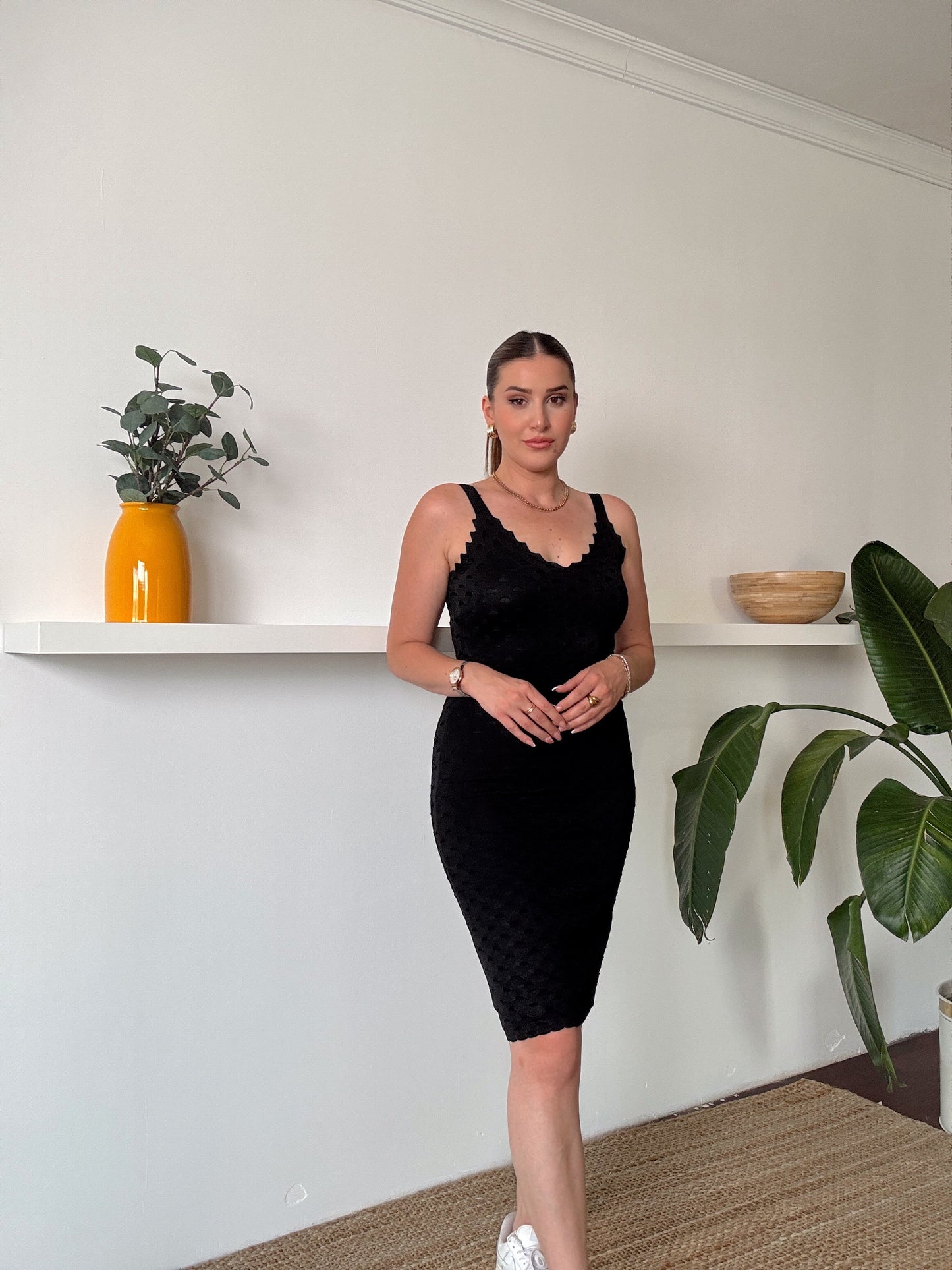 Petek desen triko elbise SİYAH