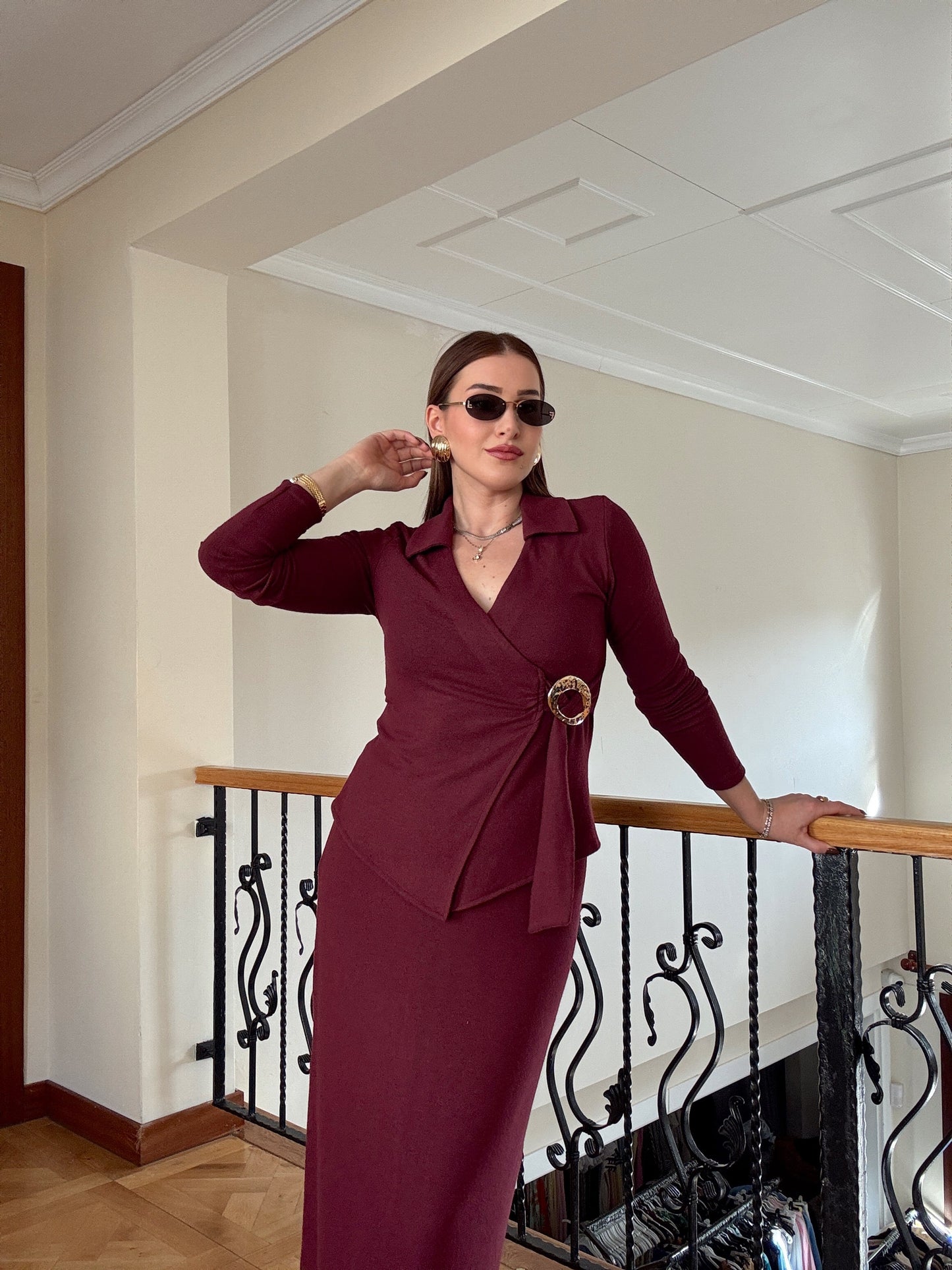 Kruvaze yaka gold tokalı selanik takım -BORDO