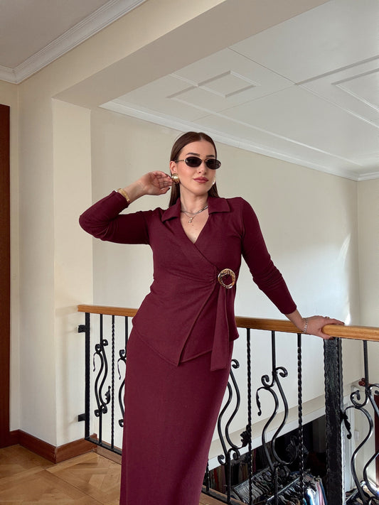 Kruvaze yaka gold tokalı selanik takım -BORDO