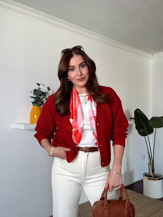 3 Düğme Saç örgü hırka Kırmızı