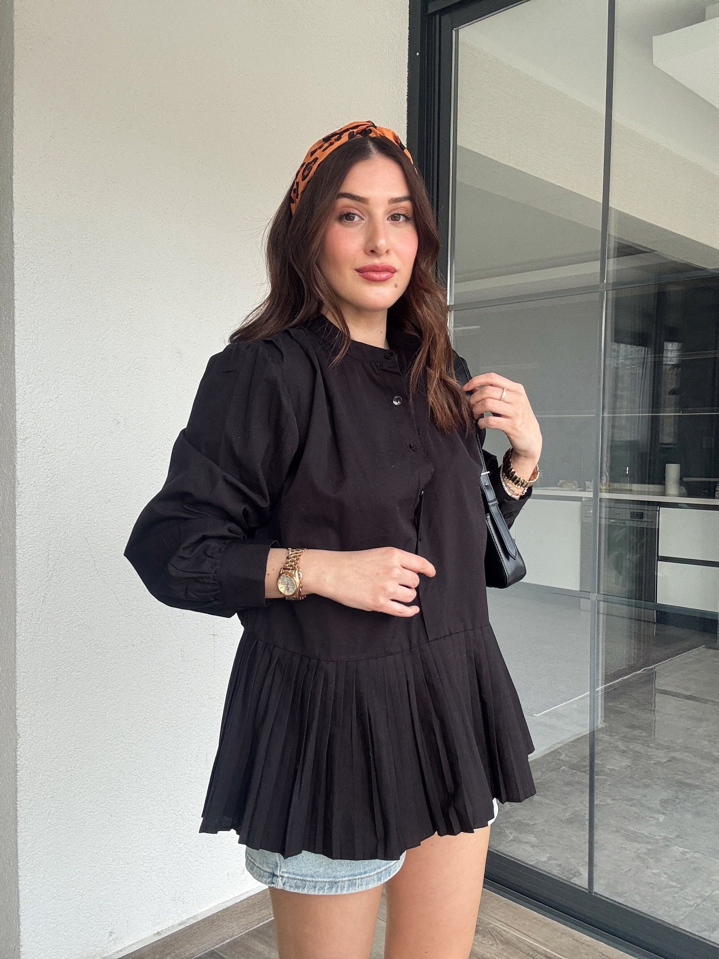 Poplin Pliseli Gömlek - SİYAH