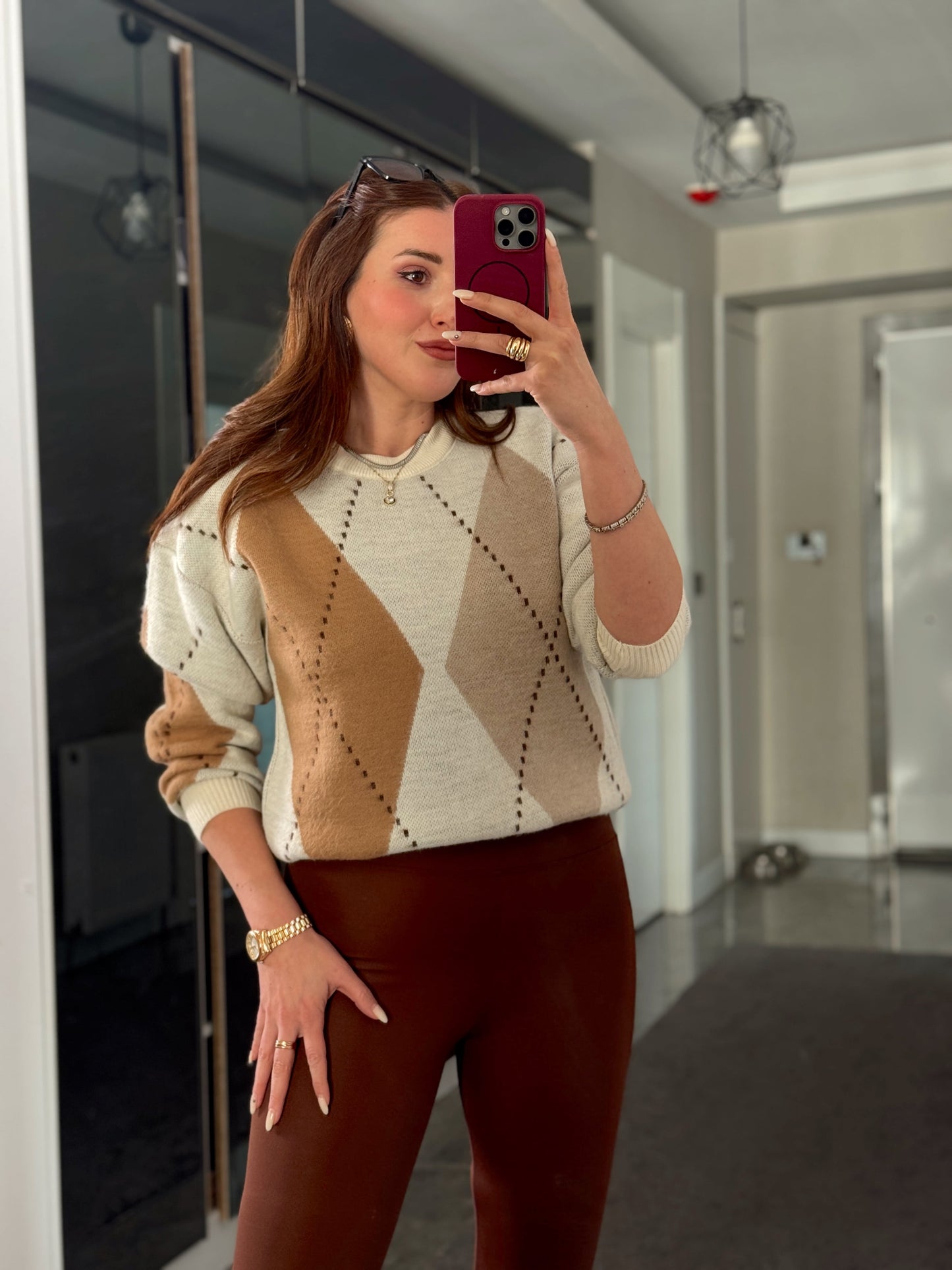 Şerit detaylı baklava desenli kazak-bej