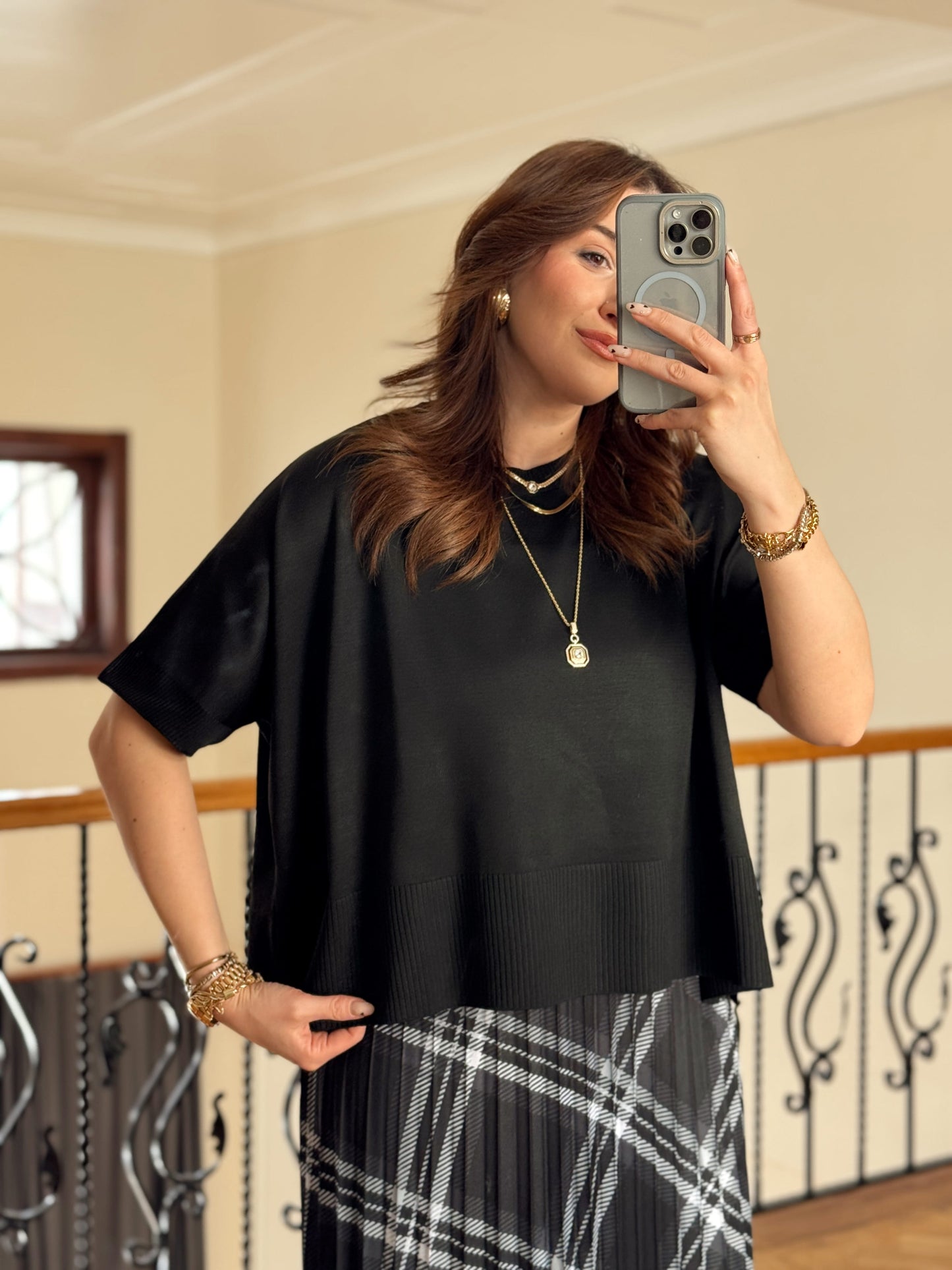 Kısa Kollu Oversize Triko Kazak-SİYAH