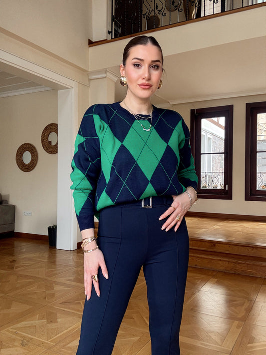 Pike Örgü Baklava Desenli Kazak Yeşil