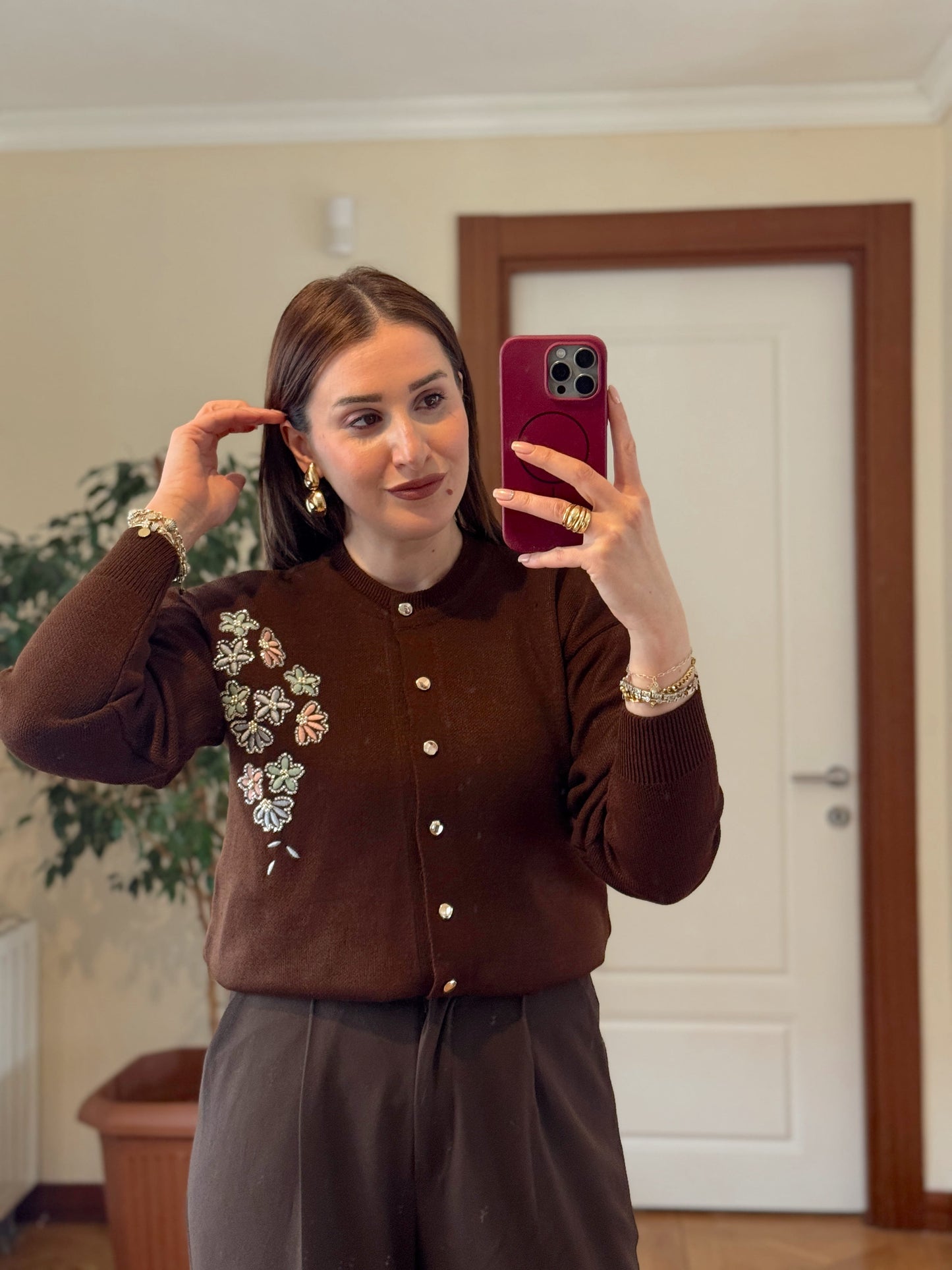 Papatya çiçekli hırka KAHVERENGİ