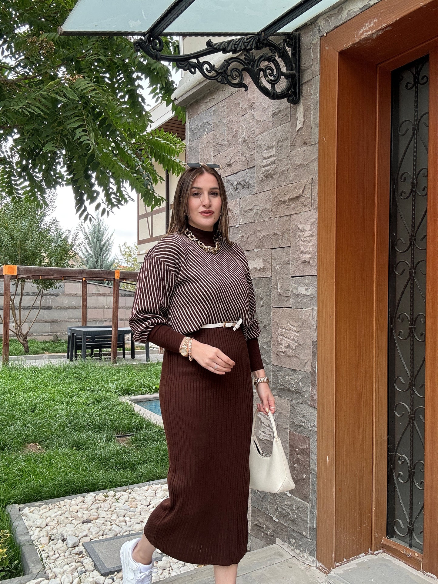 Yatay Çizgili Pikeli Jileli Takım - KAHVERENGİ