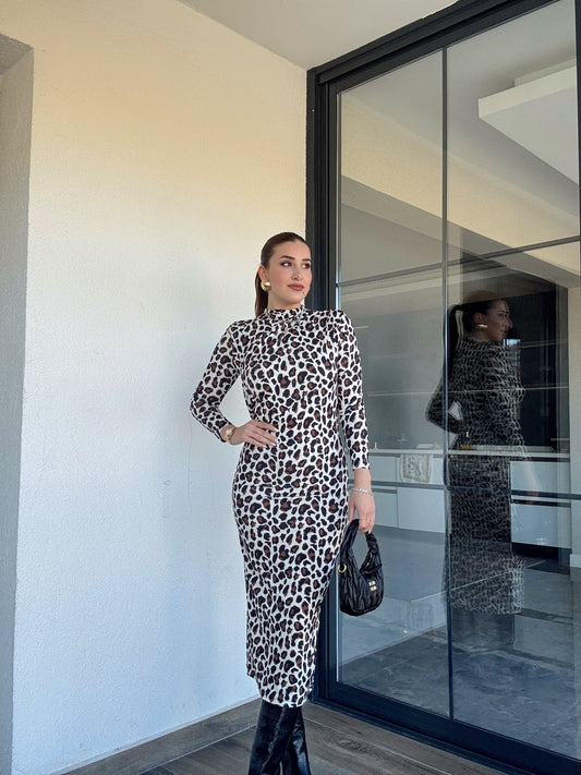Sandy kumaş drape detaylı leopar elbise-BEJ