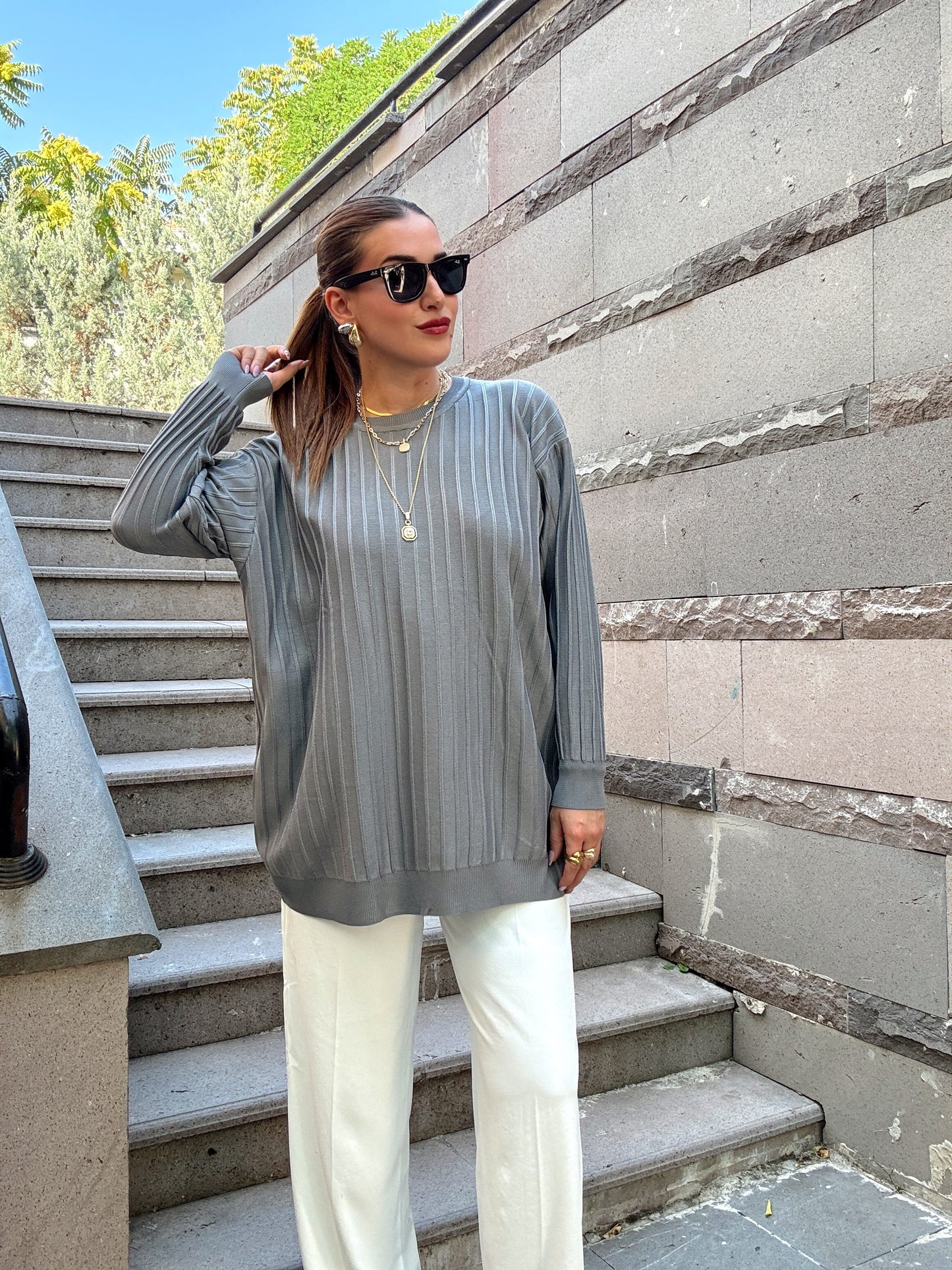 Şerit detaylı oversize premium kazak Gri