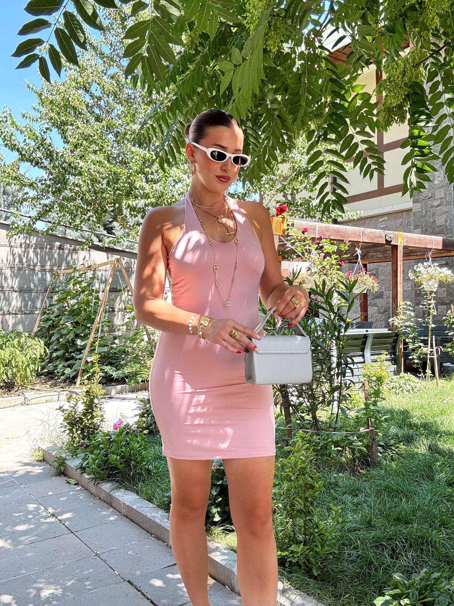 Marka model boyun detaylı elbise PEMBE