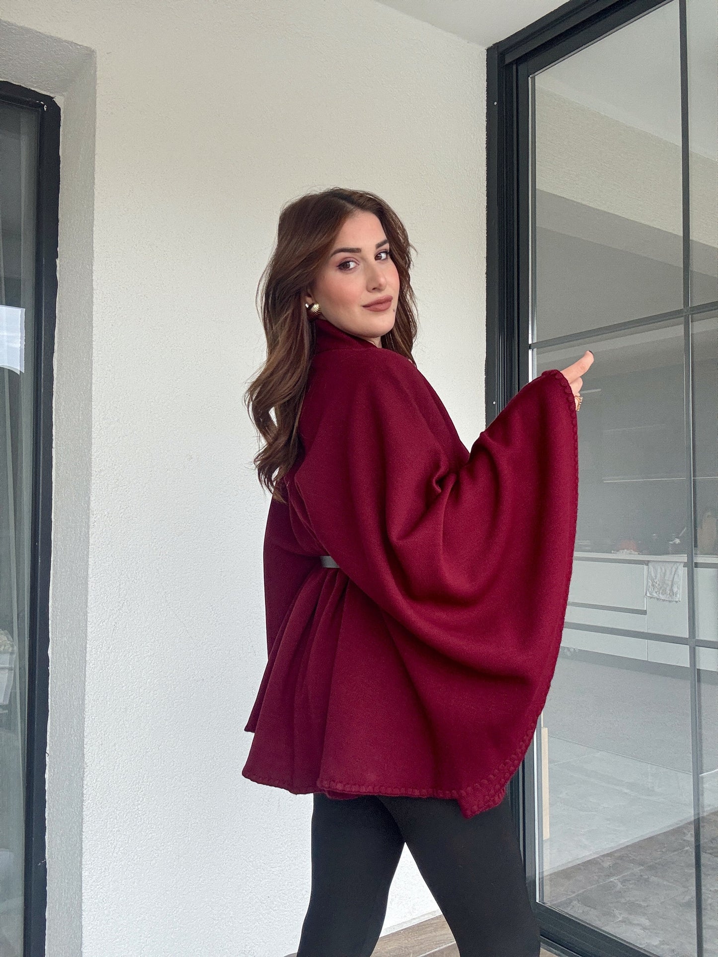 Kemerli düğmeli panço-BORDO
