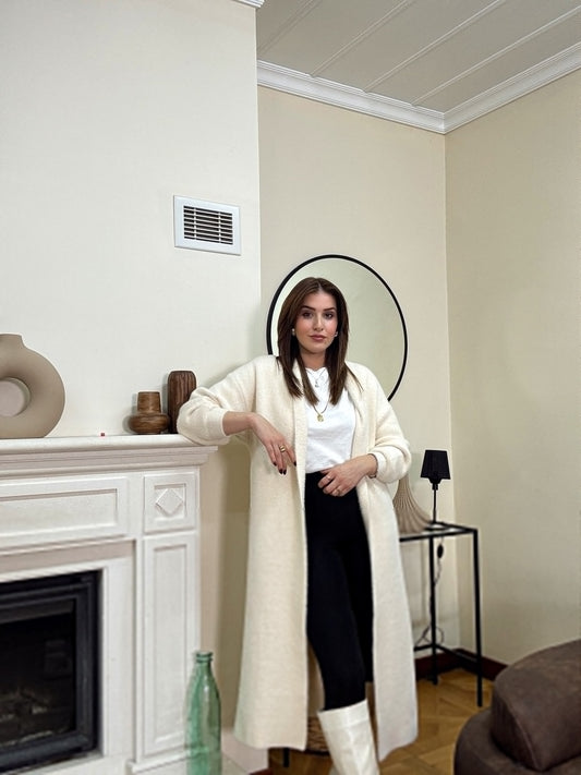 Premium uzun sakal kumaş hırka-BEJ