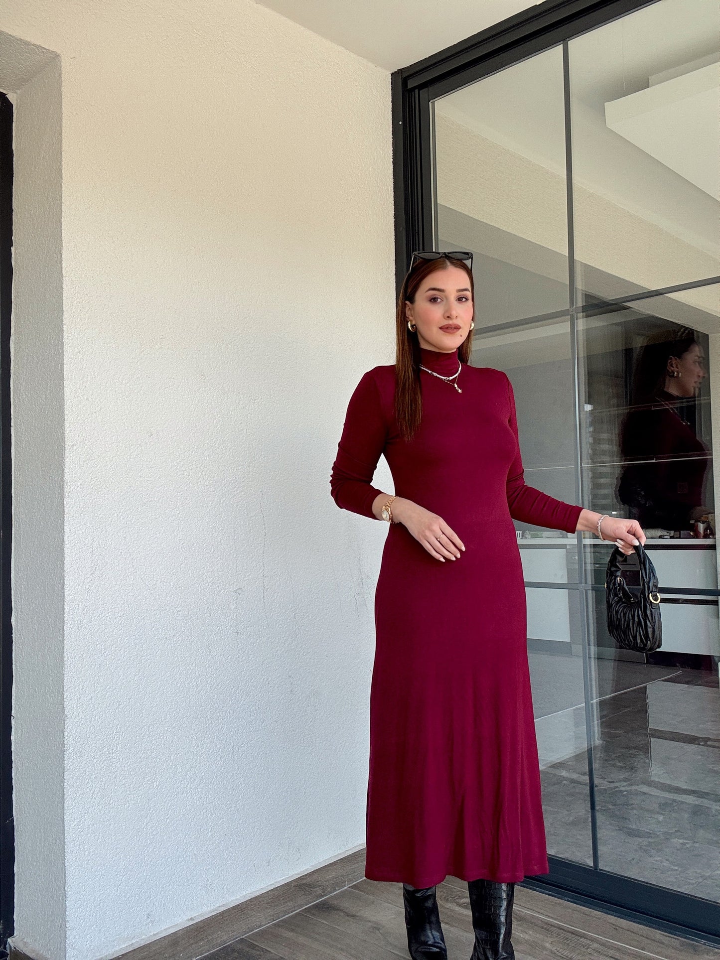 Dik yaka elbise-BORDO