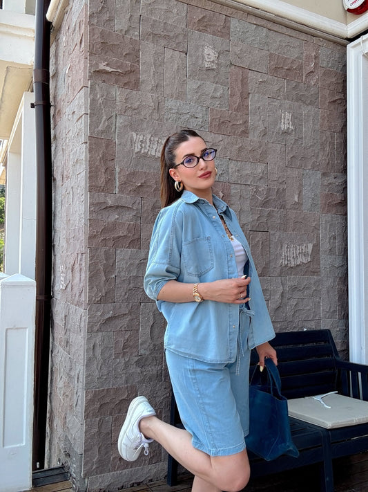 Şortlu oversize kot takım-AÇIK MAVİ